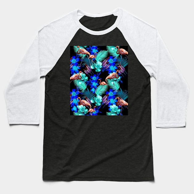 Flamingo Palm, Blue Flowers, Black Baseball T-Shirt by Random Galaxy